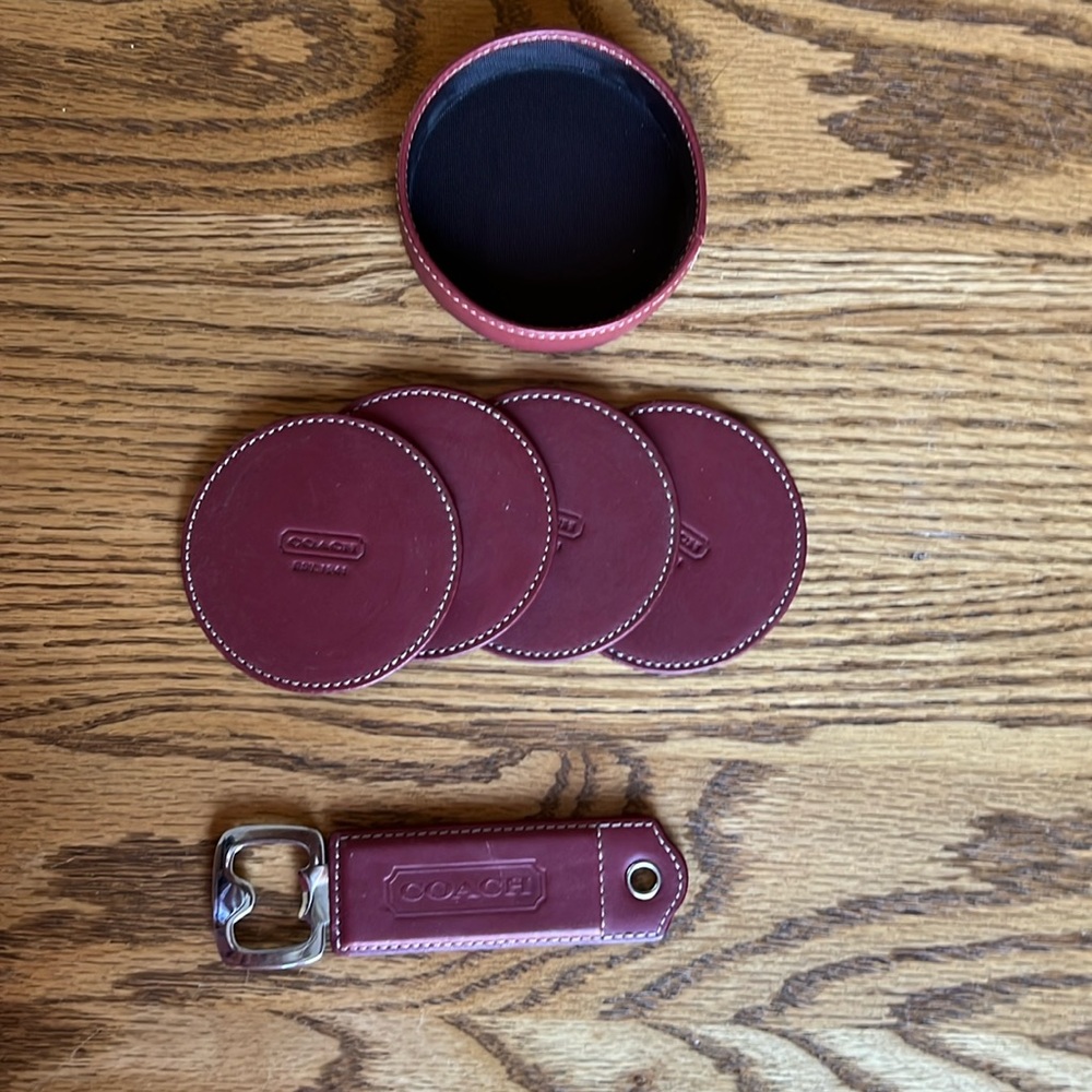 Coach red coasters and bottle opener